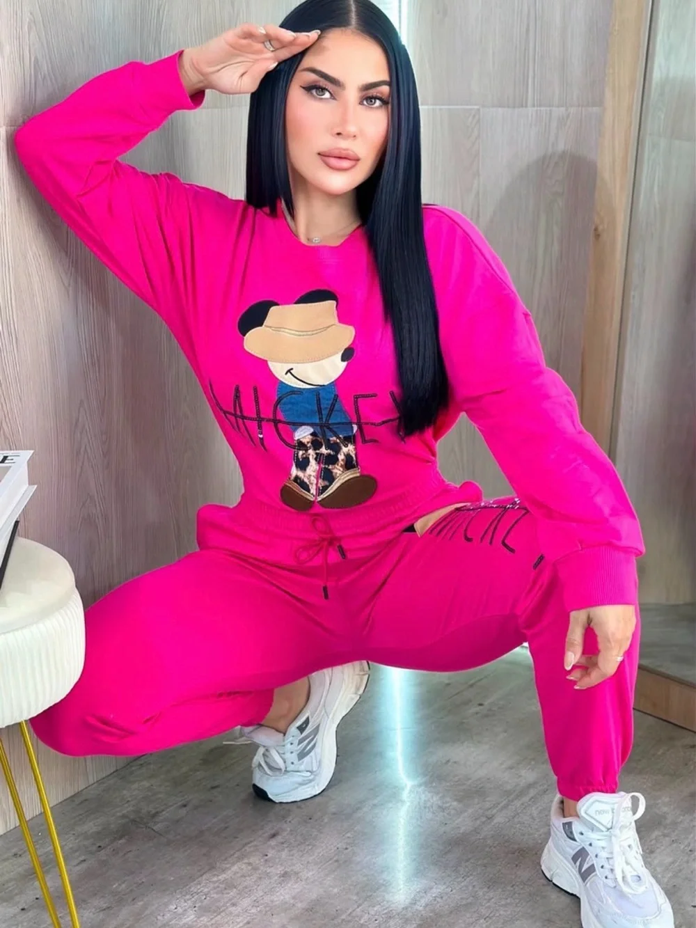 Women's Hot Pink Graphic Jogger Set - Casual Pants & Hoodie